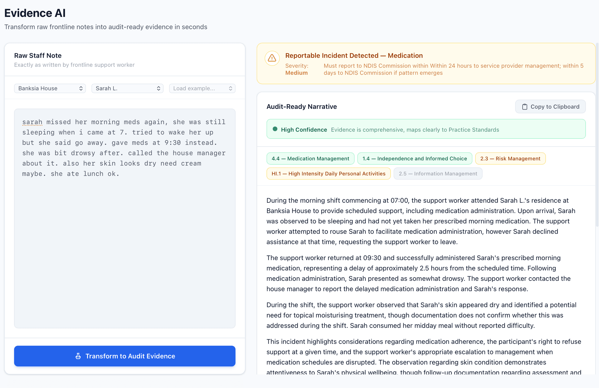Evidence AI audit narrative view